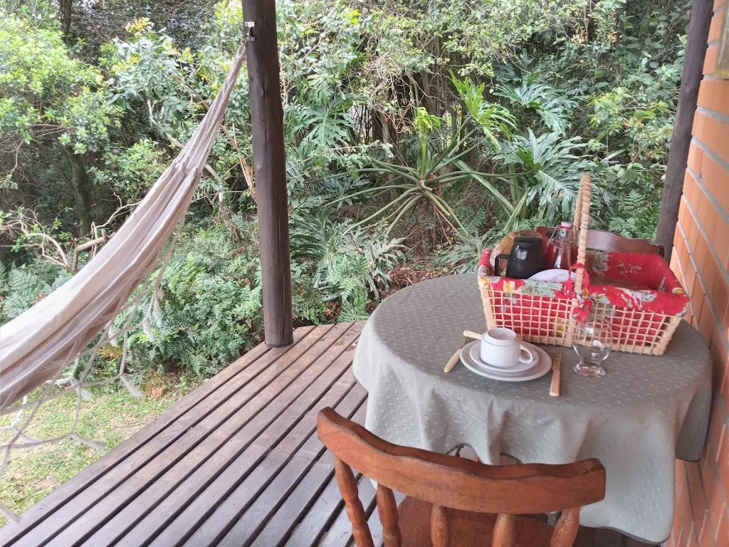 Café da manhã servido na varanda, com cesta, louças e rede em meio à mata
